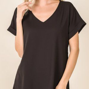 Black Dobby Rolled Sleeve V Neck Top